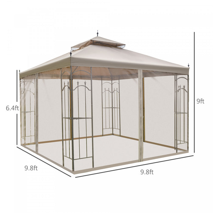 Outsunny 10' X 10' Pavillon De Jardin Avec Rideaux En Maille Amovibles, Etageres De Presentation, Et Cadre En Acier, Brun