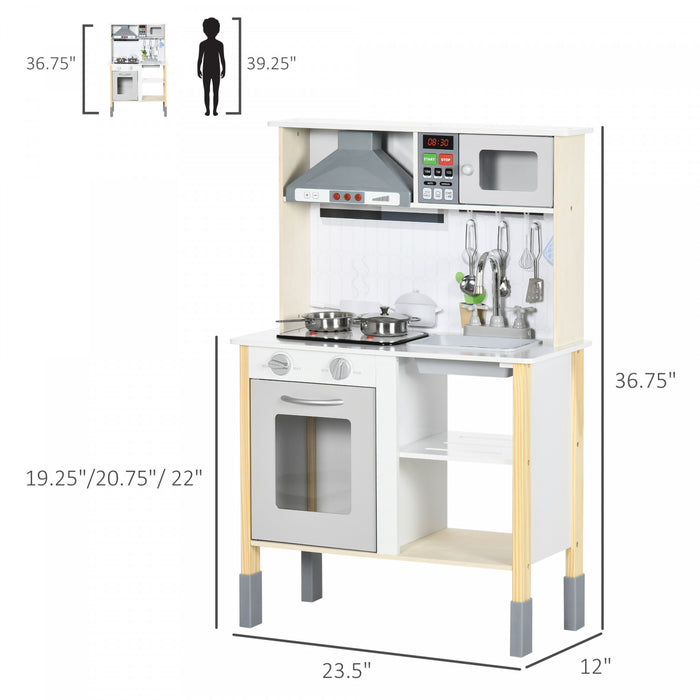 Qaba Jeu De Cuisine En Bois Avec Sons Et Lumieres Realistes, Jeu De Cuisine Pour Enfants A Hauteur Reglable Avec Micro-ondes, Hotte Aspirante, Accessoires De Cuisine, Cadeau Pour Les 3-6 Ans, Blanc.