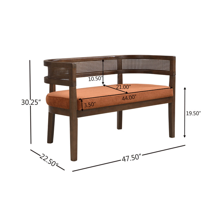 Rattan Causeuse Rembourree en Rotin 47.5 po avec Dossier Tisse Main, Orange Fonce, Noyer
