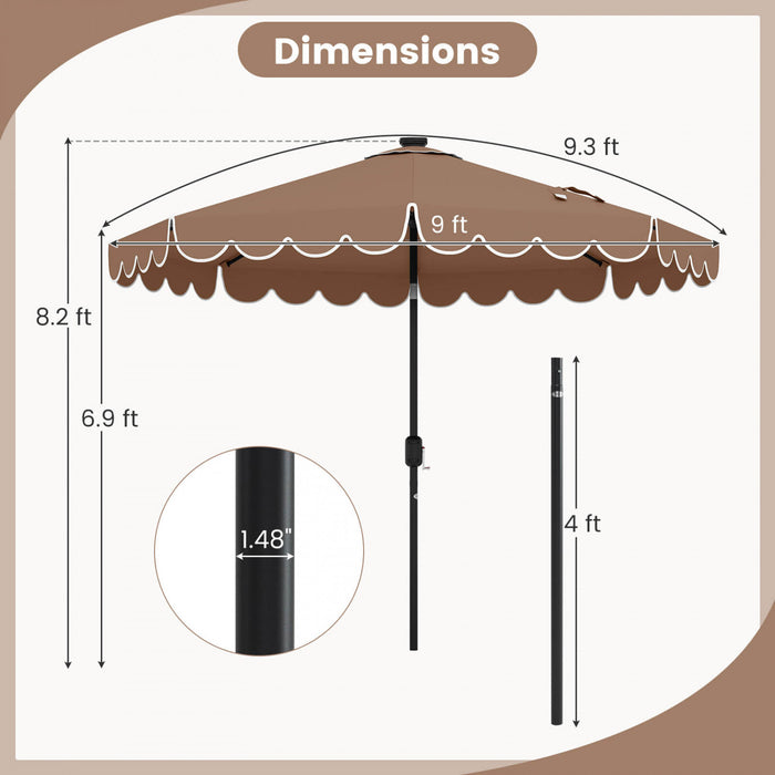 Parasol solaire Costway 9,3 FT style marche exterieur avec 24 LED, bordures, marron
