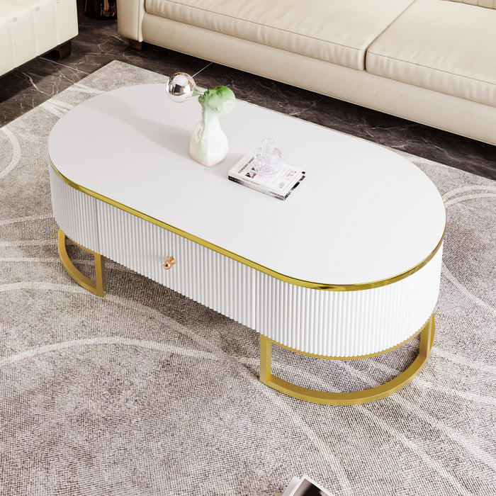 Table Basse Ovale Edison De 47,2\" En Bois Composite Avec Tiroirs De Rangement, Blanche