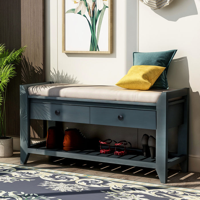 Banc A Chaussures Stephanie En Pin Avec Siege Rembourre Et Tiroirs De Rangement, Bleu Marine Antique
