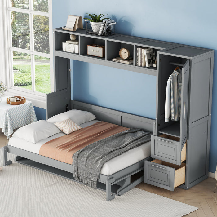 Lit Mural Escamotable Dennis En Bois Composite, Taille Double, Avec Etageres Et Tiroirs, Gris