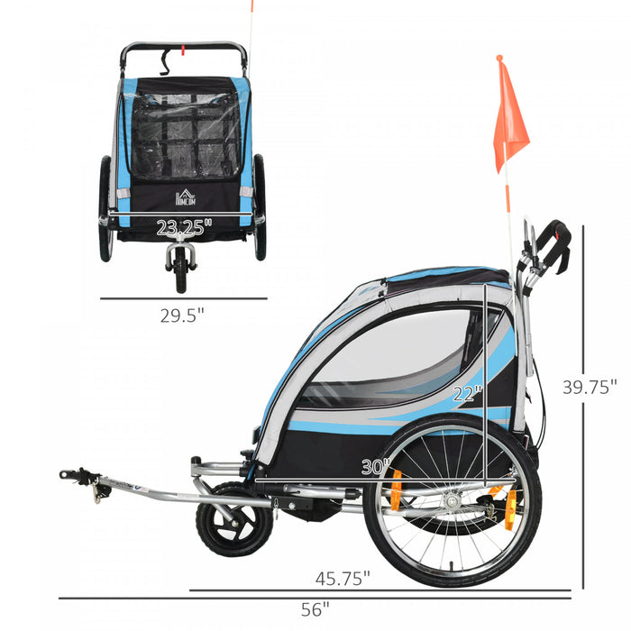 Aosom Remorque Velo Enfant 2 En 1, Poussette Bebe Avec Frein, Sac De Rangement, Drapeau De Securite, Reflecteurs Et Harnais 5 Points, Bleu