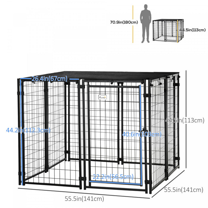 Pawhut Niche D'exterieur Pour Chien, Cloture En Fil D'acier Soude, Cage De Parc Verrouillable Pour Animaux De Compagnie, Avec Couvercle Superieur, Porte, 5ft X 5ft X 4ft, Noir