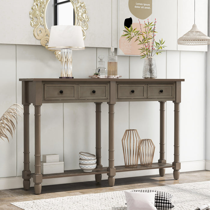 Table Console Phyllis En Bois Massif Avec Tiroirs Et Etagere Inferieure - Gris