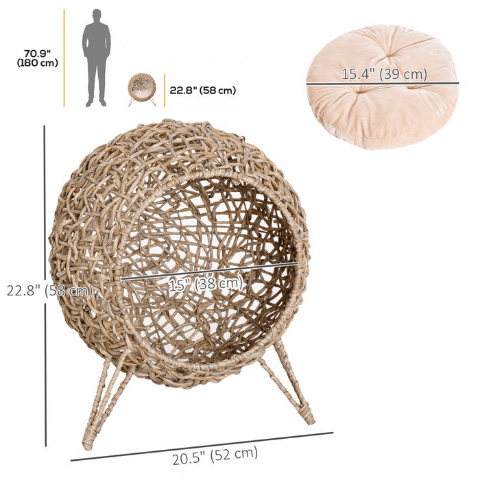 Niche En Rotin Avec Coussin Pour Chat, Bois Naturel
