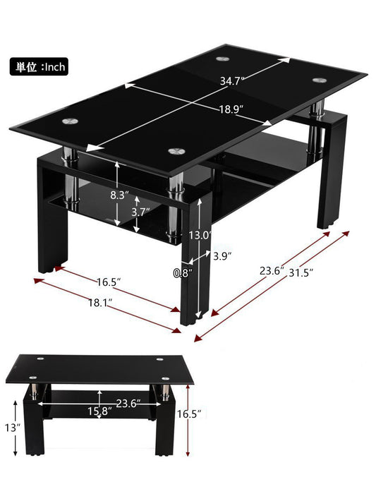 Table basse moderne Lucius au design geometrique en verre trempe avec cadre en metal et verre transparent, noir