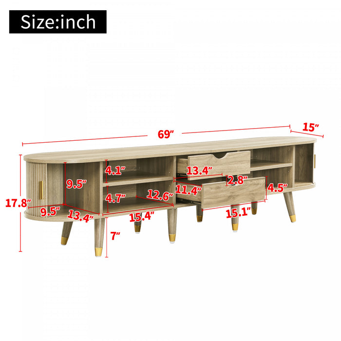 Rustic Meuble TV 69 po avec Porte Coulissante et Finition Bois Clair, Bois