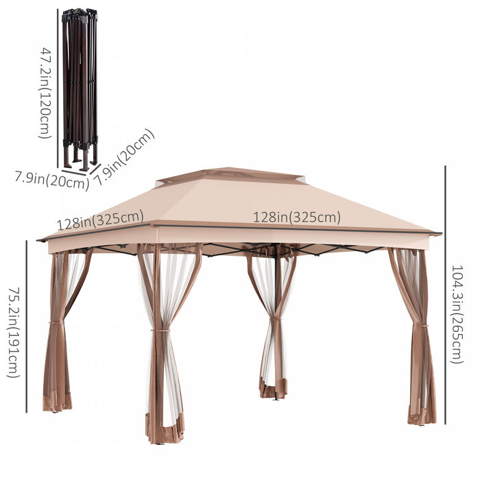 Tonnelle Barnum De Jardin Pop-up Pliant 3,25l X 3,25l X 2,65h M Acier Polyester Moustiquaires + Sac De Transport Cafe