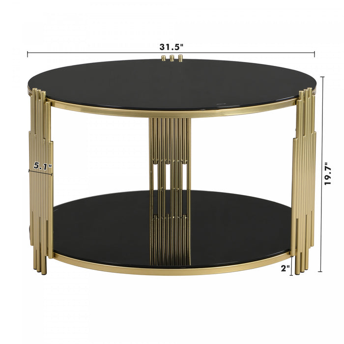 Table Basse Ronde Nancy De 31,5\" Avec Plateau Miroir Et Etagere Inferieure, Noire