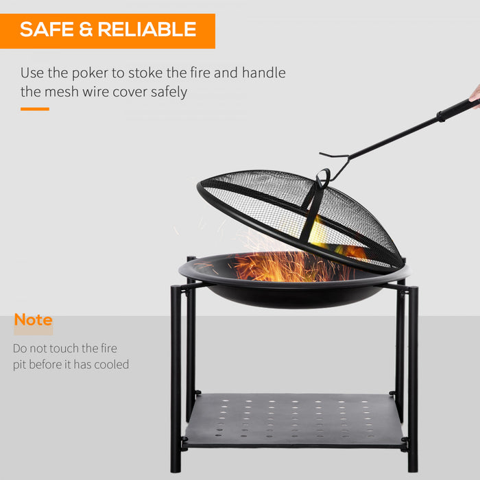 Outsunny Brasero Cheminee Foyer Exterieur Jardin Terrasse Patio Avec Couvercle Pare-etincelles Tisonnier Etagere Et Grille A Charbon Inclus Noir