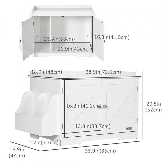 Pawhut Litiere Cachee Enclos De Litiere Meubles De Toilette Pour Chats Avec Rangement, Diviseur Reglable, Table D'appoint Interieure De La Maison Pour Animaux De Compagnie, Blanc