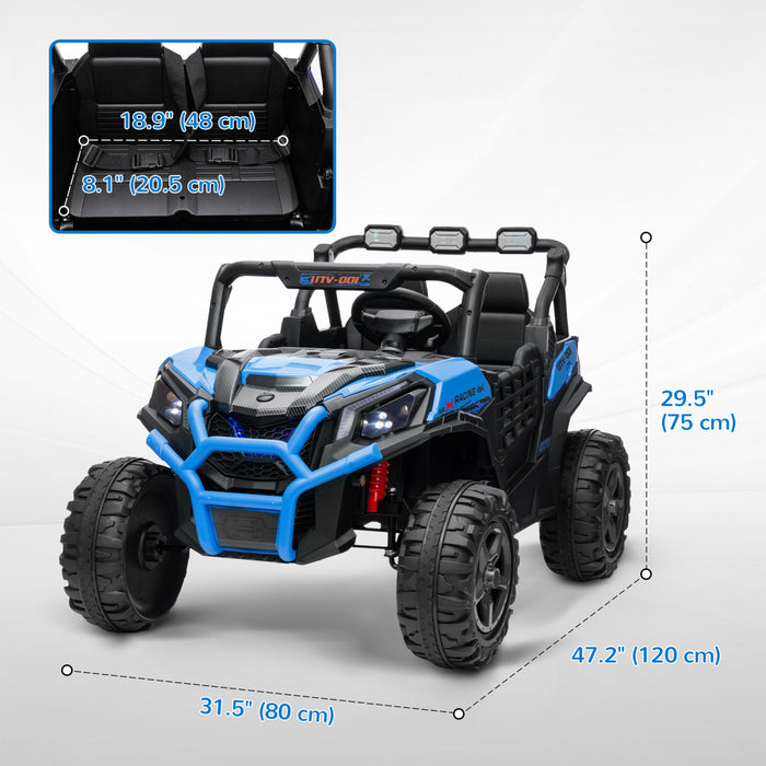 Qaba Voiture Electrique 2 Places Pour Enfants, Alimentee Par Batterie 24 V, Avec Telecommande, 3 Vitesses, Lumieres Led, Musique, Klaxon, Suspension A Ressort Pour 3 A 8 Ans, Bleu