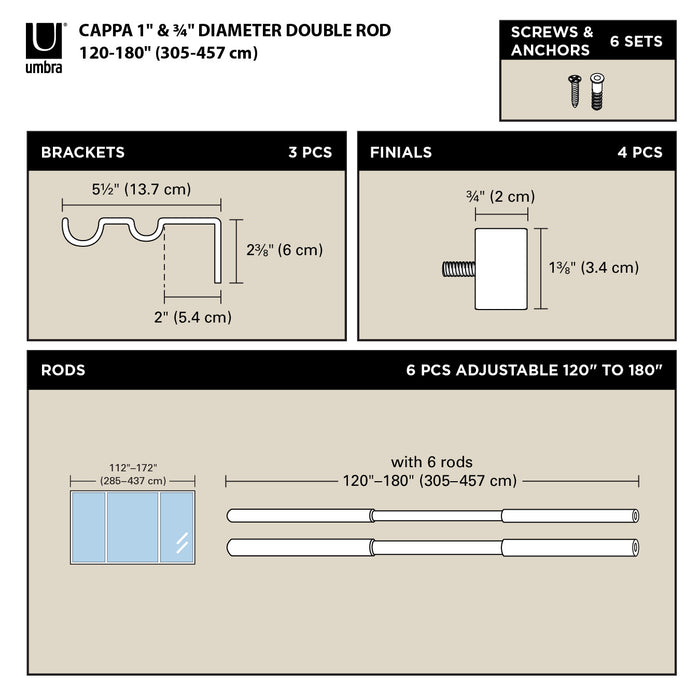  Tringle à rideaux extensible double Cappa de Umbra noir brossé de 1 po - 120 po à 180 po