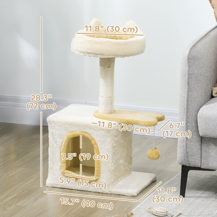 28\" Cat Tree Tower for Indoor Cats, Beige and Yellow