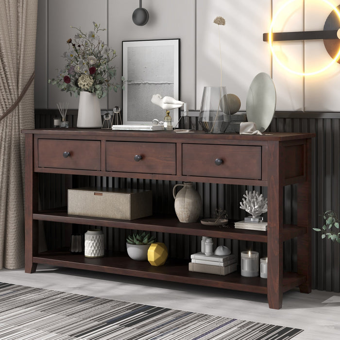Console Wendy En Bois Massif Avec 3 Tiroirs Et 2 Etageres Ouvertes, Espresso