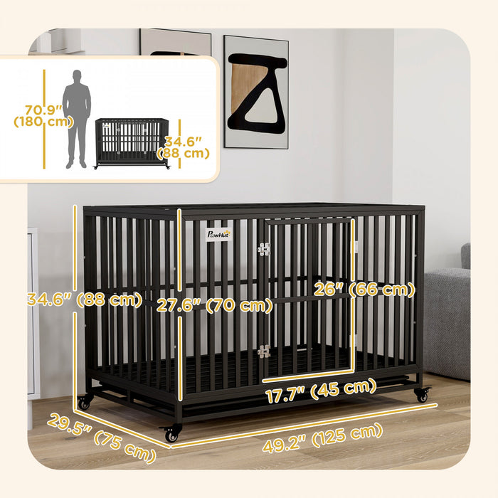 Pawhut Cage Pour Chien En Acier Robuste Avec Roulettes Pour La Portabilite Et Une Porte Pour Un Acces Pratique Au Sol Anti-pincement, 49,2\" L X 29,5\" L X 34,6\" H, Noir