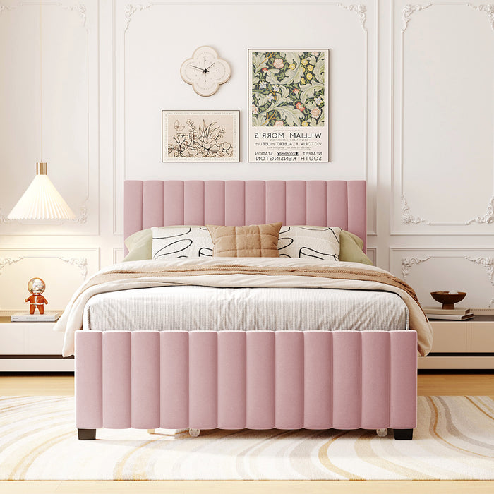 Lit plateforme Ethan rembourre en velours, gain de place, avec tiroir gigogne, taille full, rose