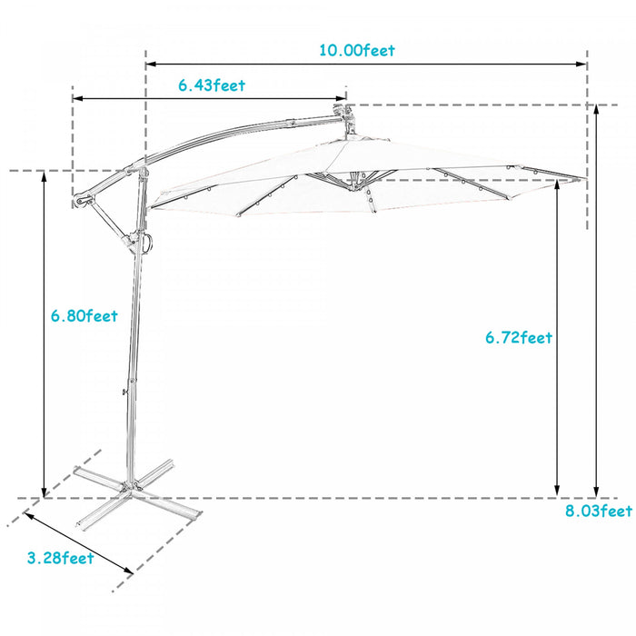 Costway Parasol deporte de patio de 10 pieds, alimente par energie solaire, LED, rotation a 360 degres, aluminium, turquoise