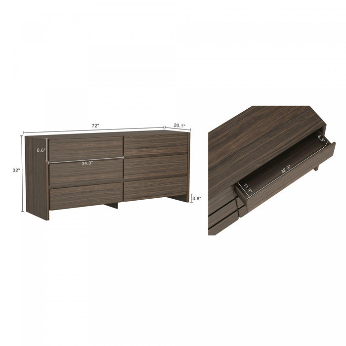 Commode moderne Linda 72\" en noyer brun (6 tiroirs)