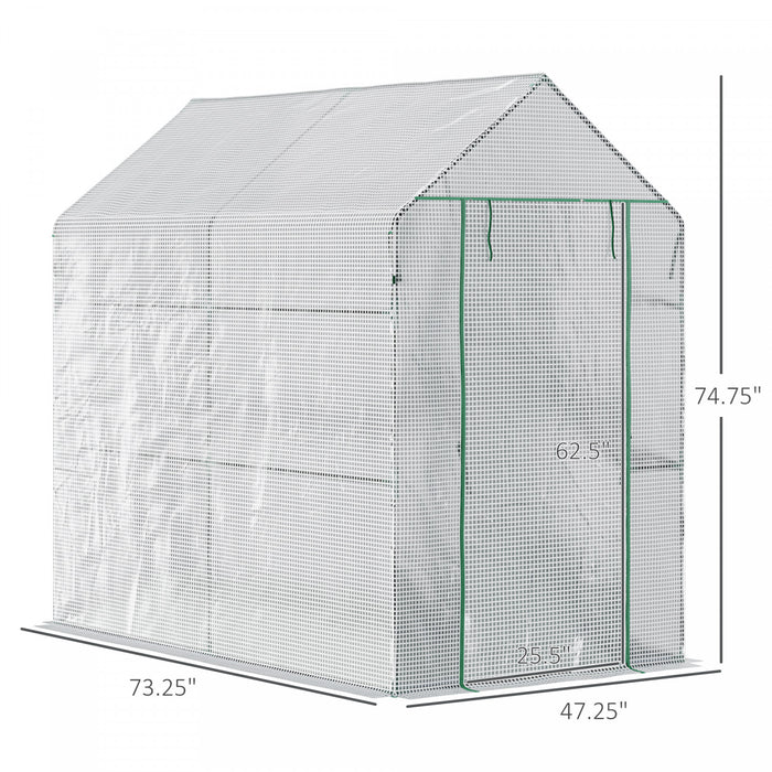 Outsunny 73\" X 47\" X 75\" Serre Sans Rendez-vous Exterieur Portable Plante Fleur Croissance Maison Chaude Jardin Tunnel Abri Avec Porte Enroulable Et 4 Etageres Blanc