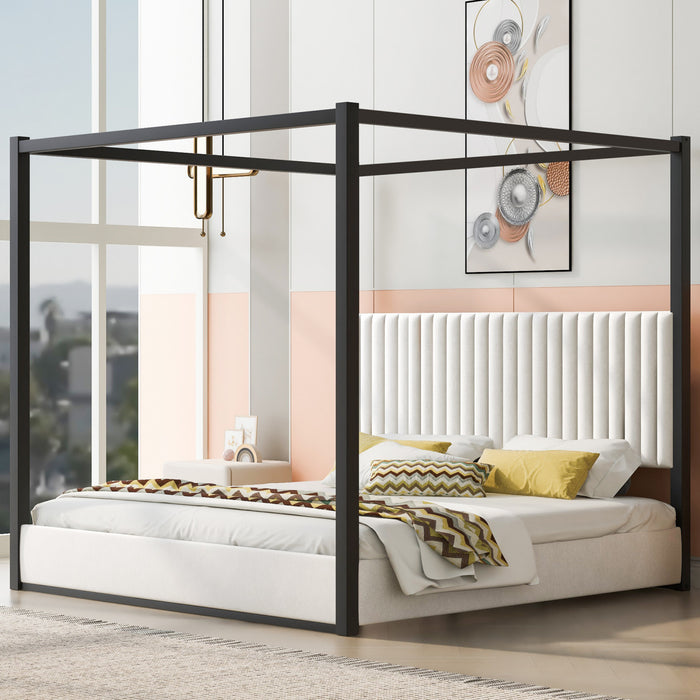 Lit plateforme Sophia a baldaquin avec tete de lit en mousse et velours, taille king, noir