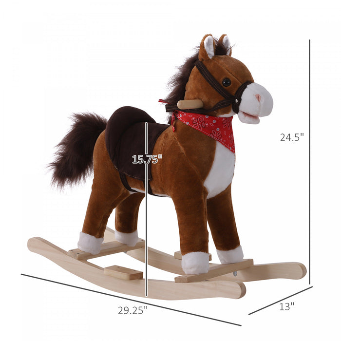Qaba Enfants En Peluche Balade Sur Cheval A Bascule Enfant Animal Aventure Chaise A Bascule Jouet De Jeu Avec Echarpe Sonore Incluse Rouge Marron