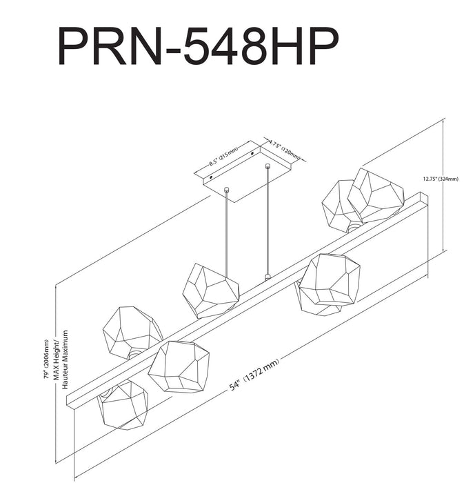 Luminaire suspendu horizontal Pearlene de Dainolite en verre transparent, avec fini noir mat et 8 ampoules