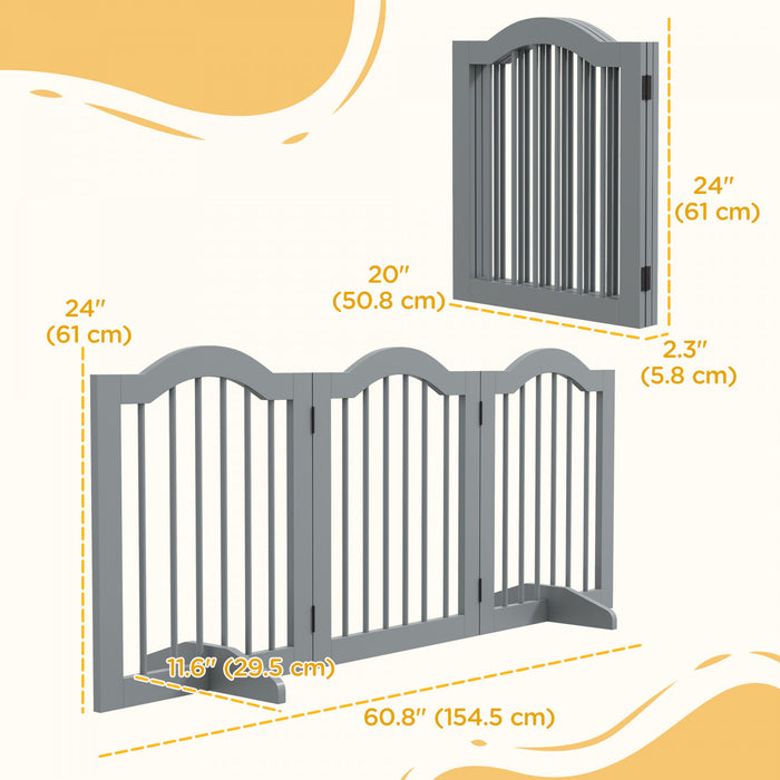 Pawhut Barriere Autoportante Pour Chien De 24\" De Haut, Barriere Pliable En Bois Pour Interieur, 3 Panneaux Avec 2 Pieds De Support, Pour Porte, Escaliers, Gris Clair