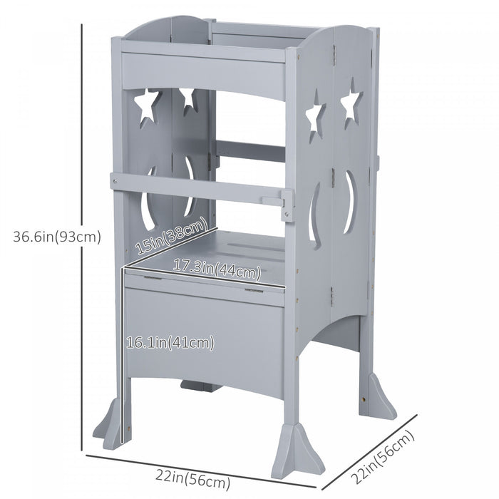 Marchepied Qaba Avec Poignees De Soutien, Rail De Securite Et Marchepied Antiderapant En Bois Dur Pour Enfants Et Tout-petits, Repose-pieds Pour Enfants Gris