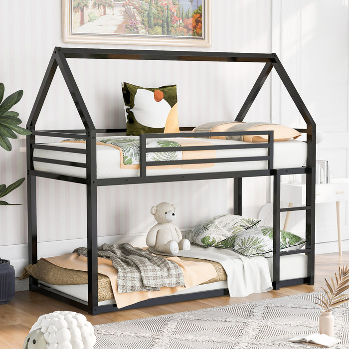 Lits superposes Liam en forme de maison avec echelle integree et cadre en metal, taille Twin sur Twin, noir