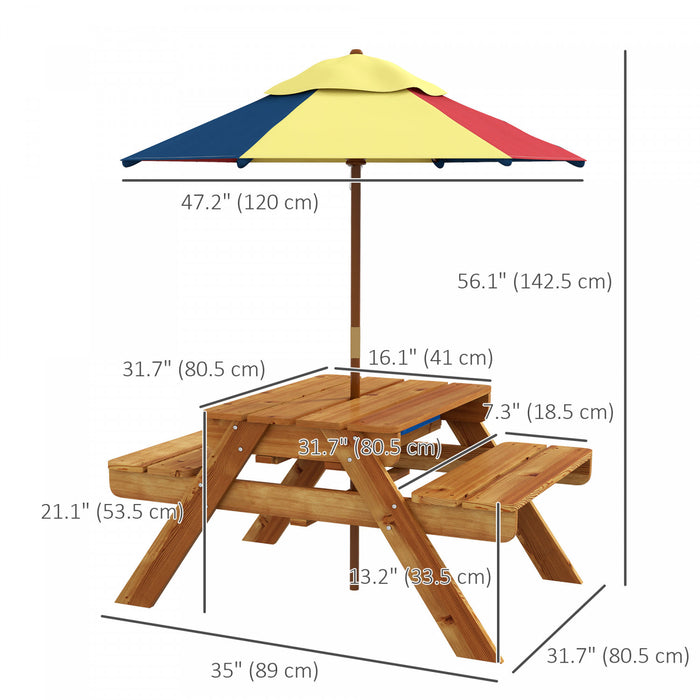 Outsunny Table De Pique-nique Pour Enfants, Table De Sable Et D'eau 3 En 1 En Bois Avec Parapluie Pliable Amovible, Plateau Amovible Pour Terrasse, Pelouse, Jardin, Ages De 3 A 6 Ans, Teck