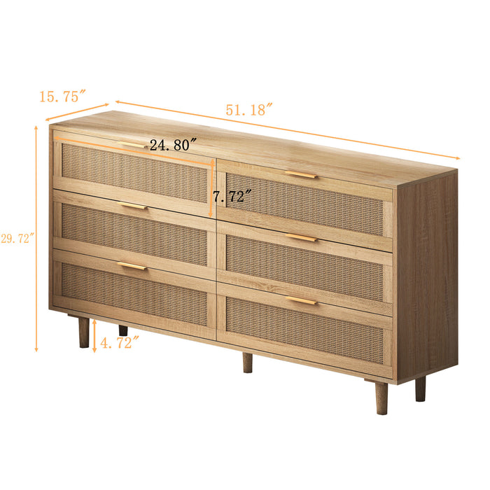 Meuble de rangement moderne Mila a 6 tiroirs en rotin avec structure en bois manufacture, couleur naturelle, 130 cm