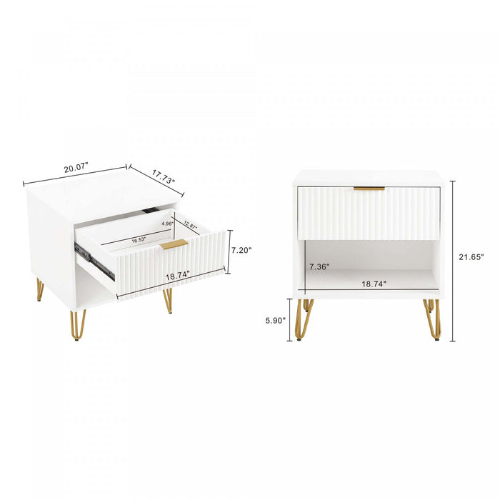 Table de nuit moderne Dumbo 20\" a cannelures en blanc (1 tiroir)
