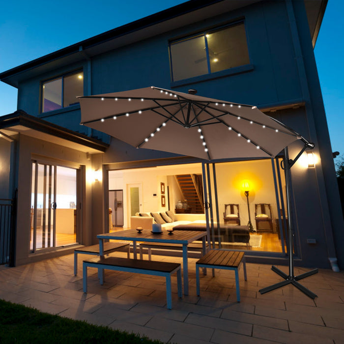 Costway Parasol deporte de patio de 10 pieds, solaire LED, rotation a 360 degres, marron
