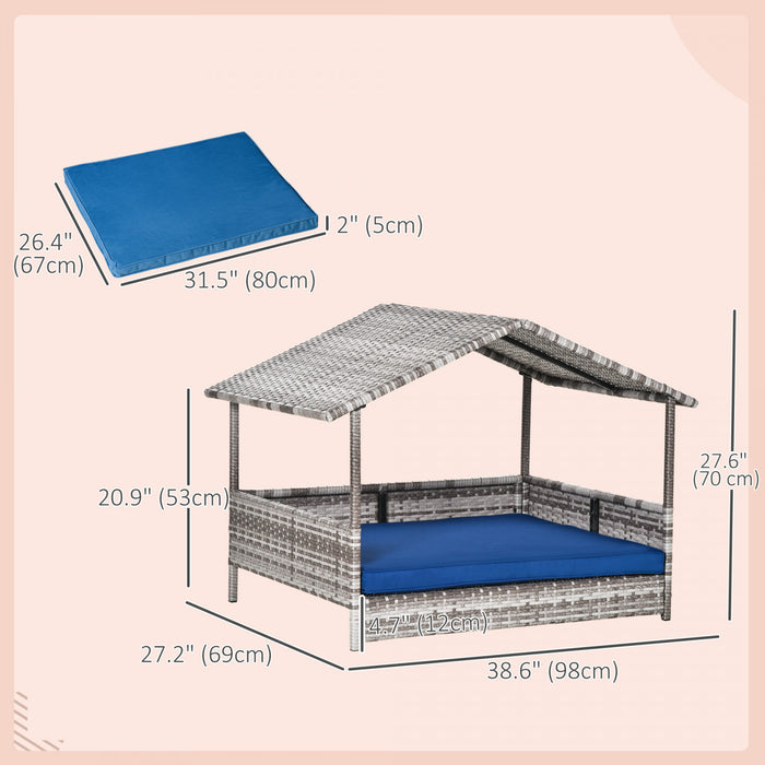 Pawhut Lit Pour Chien En Rotin Sureleve Pawhut Lit De Chien En Osier Exterieur Meubles Pour Animaux De Compagnie Canape-lit Avec Coussin Rembourre Et Abri De Toit, Bleu Fonce