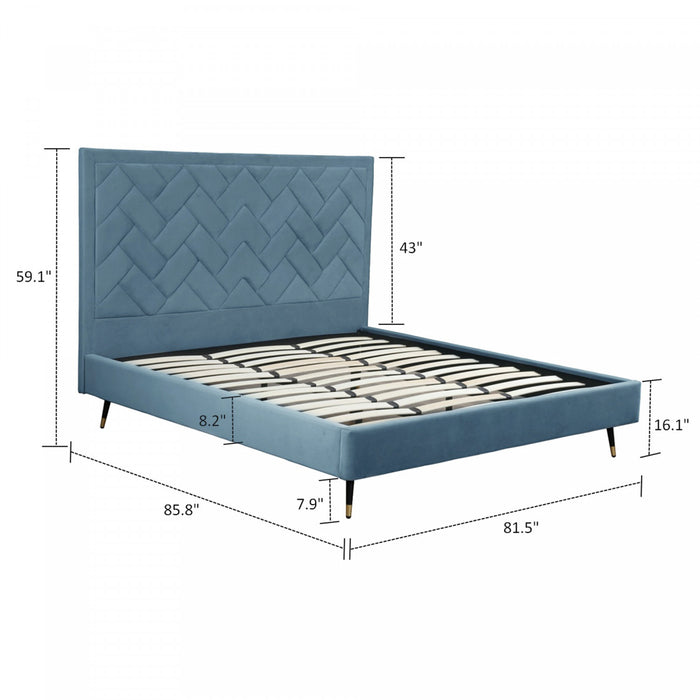 Lit king moderne Crosby en velours bleu capitonne