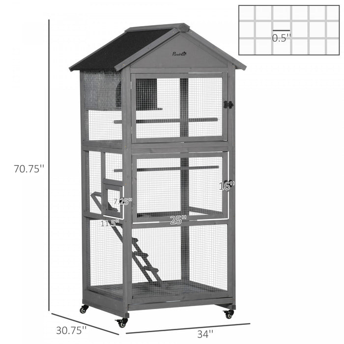 Pawhut 180,9 Cm Cage A Oiseaux Grande Voliere Mobile En Bois Pour Perruche Calopsitte Canari Avec Perchoir A Roue Nid Echelle Plateau Coulissant Pour Interieur Exterieur Gris Fonce
