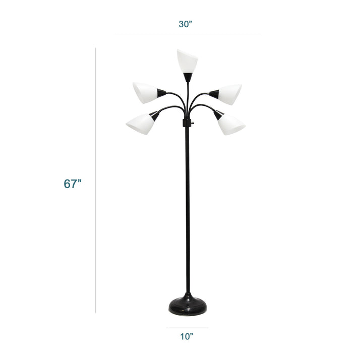 Skye Lampadaire a 5 lumieres avec cols de cygne reglables, Noir et Blanc, 67 po H