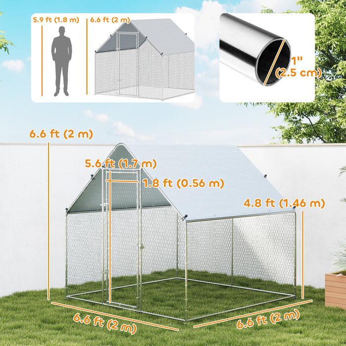 PawHut Poulailler Metallique, Grand Enclos de Marche pour Poules, Cage pour 4-6 Poules, Canards, Lapins, avec Couverture Resistante a l'Eau et aux UV, pour Jardin