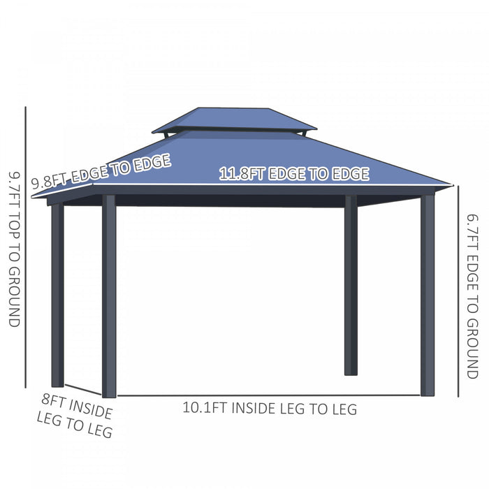 Outsunny 12' X 10' Gazebo A Toit Rigide En Polycarbonate Canopee D'exterieur Toit A Double Niveau Cadre En Aluminium Avec Rideaux, Filet Parois Laterales Patio, Noir