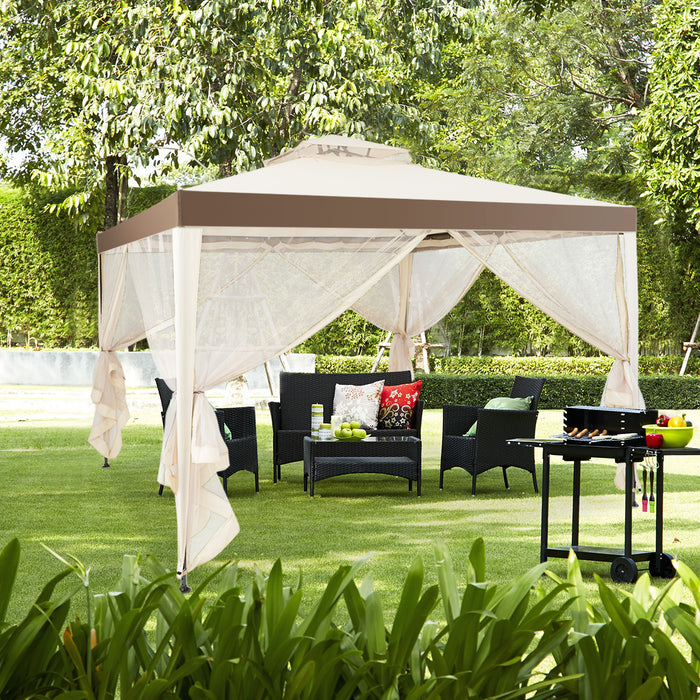 Tonnelle Pavillon De Jardin En Fer Et Polyester, Tente De Reception Avec Moustiquaire Et Toiles Laterales Amovibles Et Impermeables, Tente De Jardin A 4 Cotes 300 X 300 X 200/265 Cm, Beige&brun