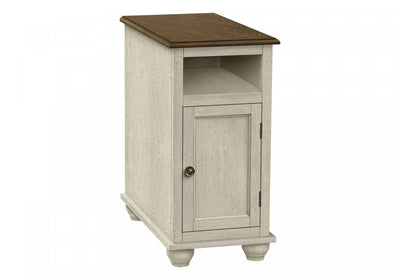 Accent Side End Table Bedroom Nightstand Narrow Storage Antique White Veneer Brown Veneer Traditional|Table de bout, d’appoint et de nuit de rangement étroite de style traditionnel avec placages blanc antique et bruns pour la chambre à coucher
