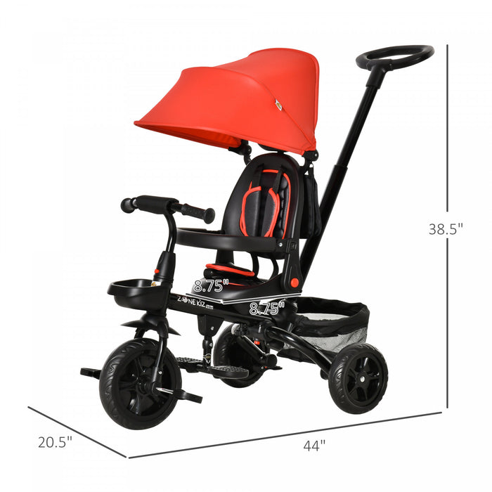 Qaba Tricycle Enfants Evolutif 4 En 1 Canne Telescopique Amovible Et Pare-soleil Pliable Demontable Angle Du Dossier Reglable Siege Pivotant Sac Et Paniers Integres Metal 44\" X 20.5\" X 38.5\" Rouge