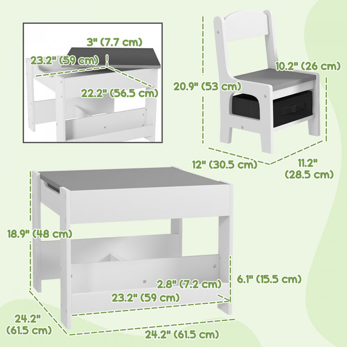 Qaba Ensemble Table Et Chaises 3 Pieces Pour Enfants, Ensemble Table Et Chaises 2 En 1 Avec Plateau Reversible, Tableau Noir, Rangement, Etageres, Pour Salle De Jeux, Creche, Salle De Classe, Gris