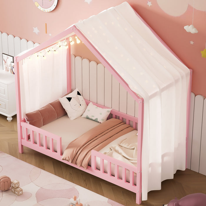Paul Lit Montessori au sol avec baldaquin et barrieres hautes, Taille Simple, Rose