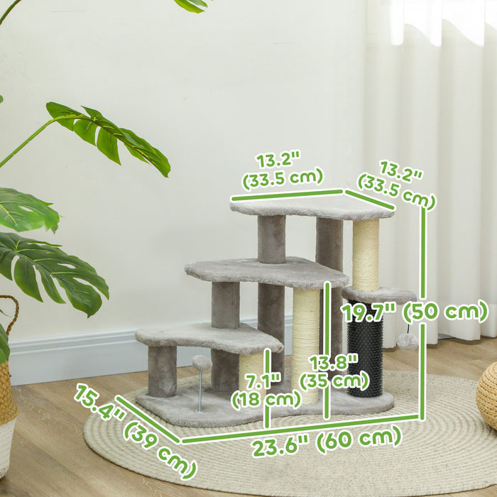 Pawhut Arbre A Chat De 20\", Tour 2 En 1, Escalier Pour Animal Domestique A 3 Marches Avec Griffoirs, Balles Jouets, Escalier Pour Chat Pour Lit, Canape, Gris Clair