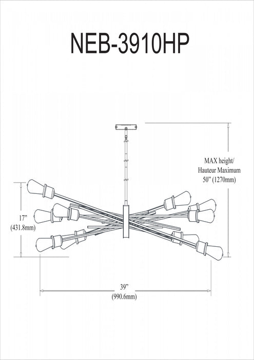 Luminaire suspendu horizontal Nebraska de Dainolite avec fini chromé poli et 10 ampoules