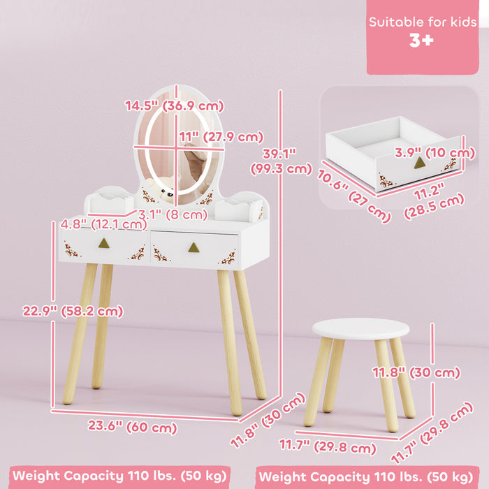 Qaba Coiffeuse pour enfants, ensemble avec miroir, tabouret et lumieres LED
